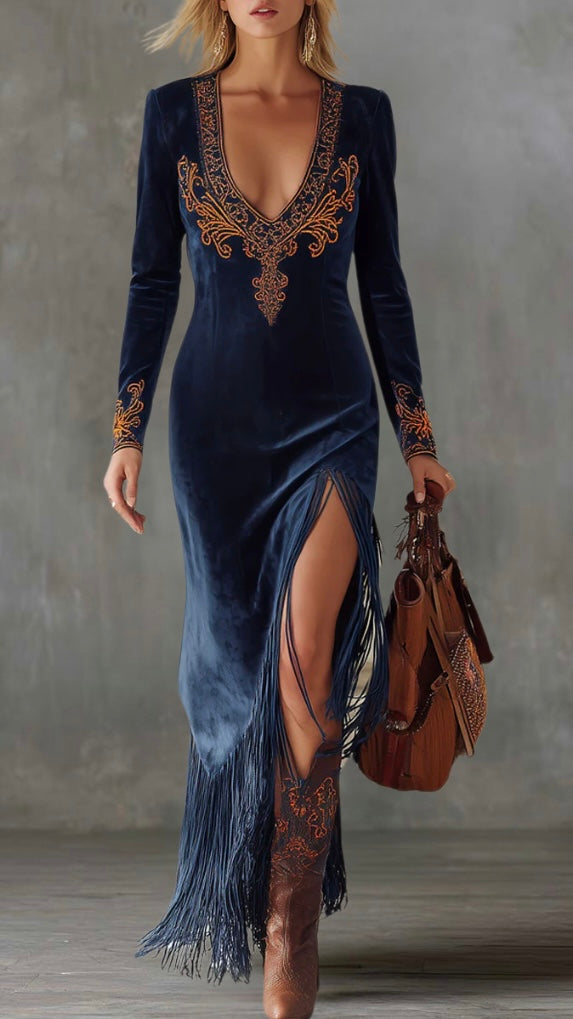 Aurora | Embroidered Suede Maxi Dress