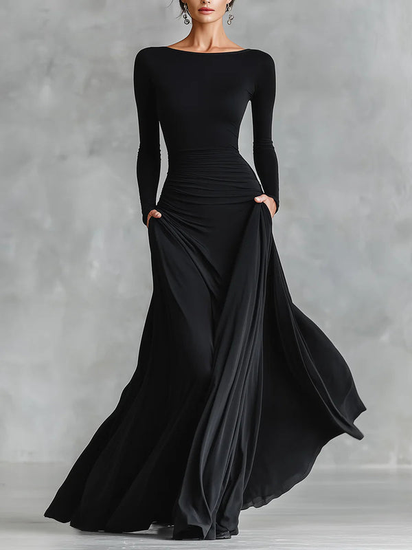 Luna | Pleated-Crepe Boat-Neck Long Dress
